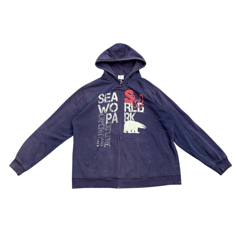 SeaWorld Park Explore Expedition Polar Bear Navy Blue Full Zip Hoodie Sweatshirt